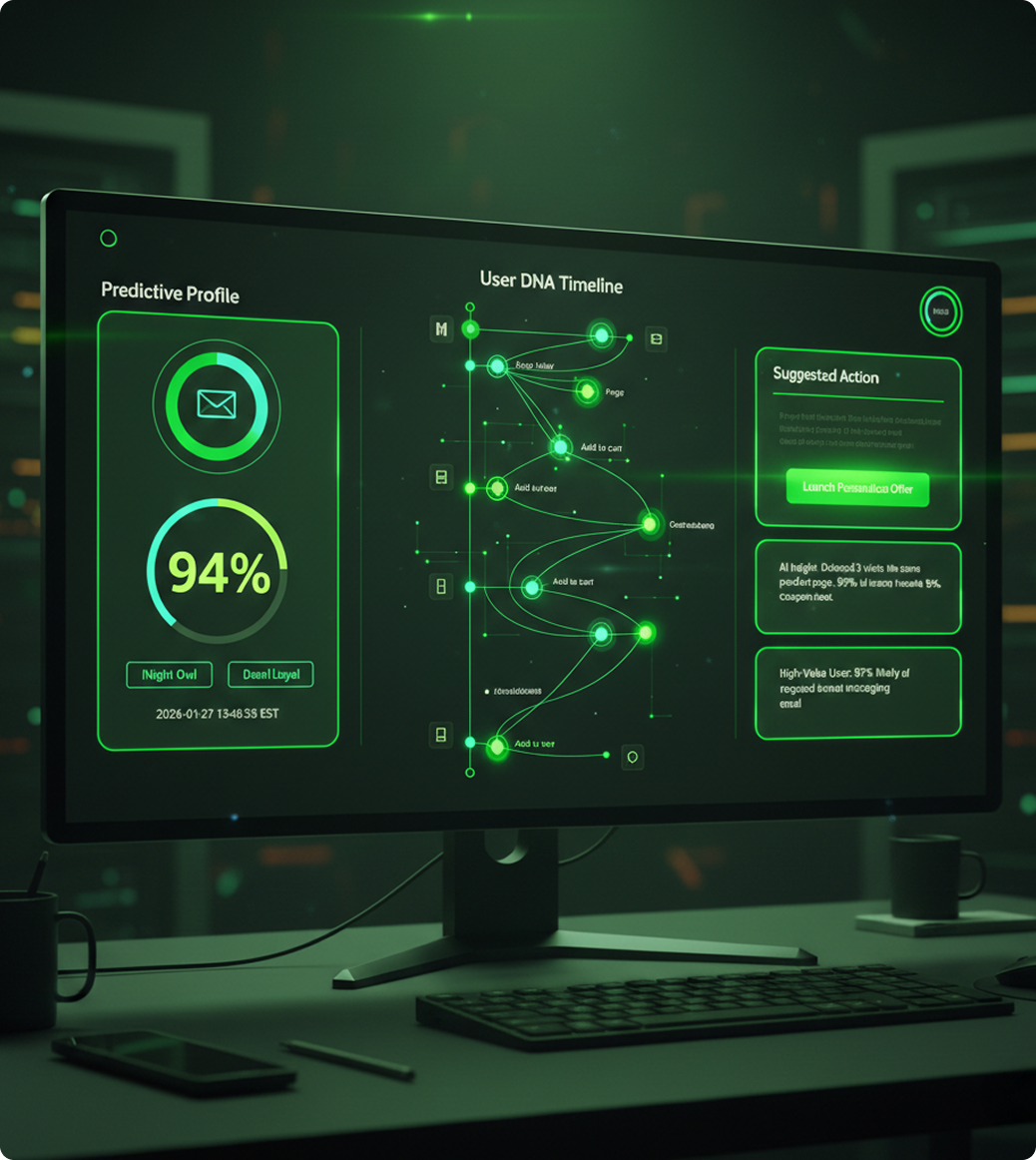 Dashboard showing Predictive Profile, User DNA Timeline with customer actions and events, and Suggested Action recommendations